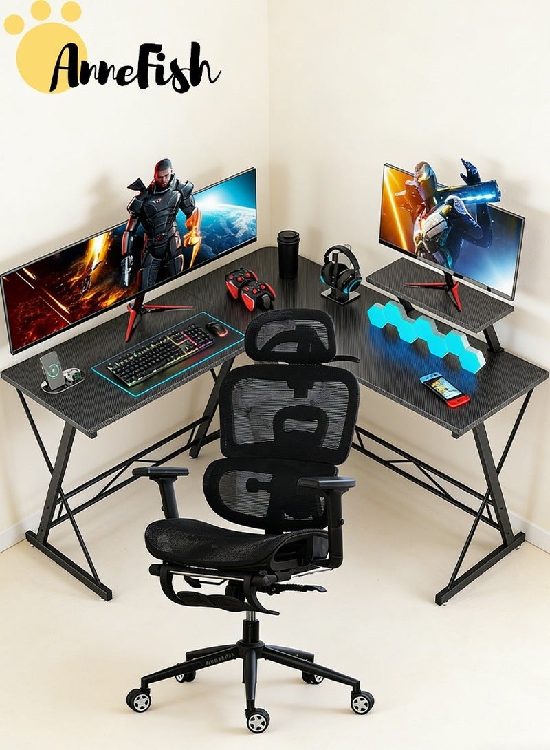آن فش طقم مكتب وكرسي للألعاب، كرسي مكتب شبكي مريح مع مسند للقدمين ودعم قطني قابل للتعديل، مكتب ألعاب على شكل حرف L بطول 120 سم مع حامل شاشة - Image 1