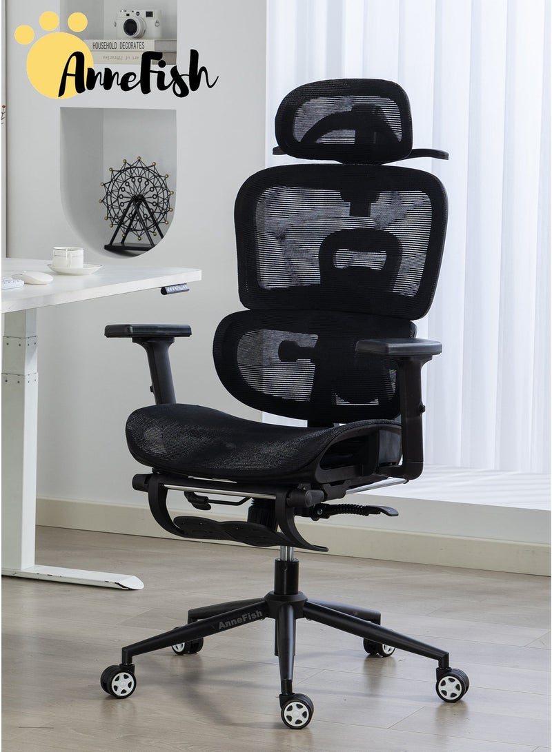 آن فش طقم مكتب وكرسي للألعاب، كرسي مكتب شبكي مريح مع مسند للقدمين ودعم قطني قابل للتعديل، مكتب ألعاب على شكل حرف L بطول 120 سم مع حامل شاشة - Image 2