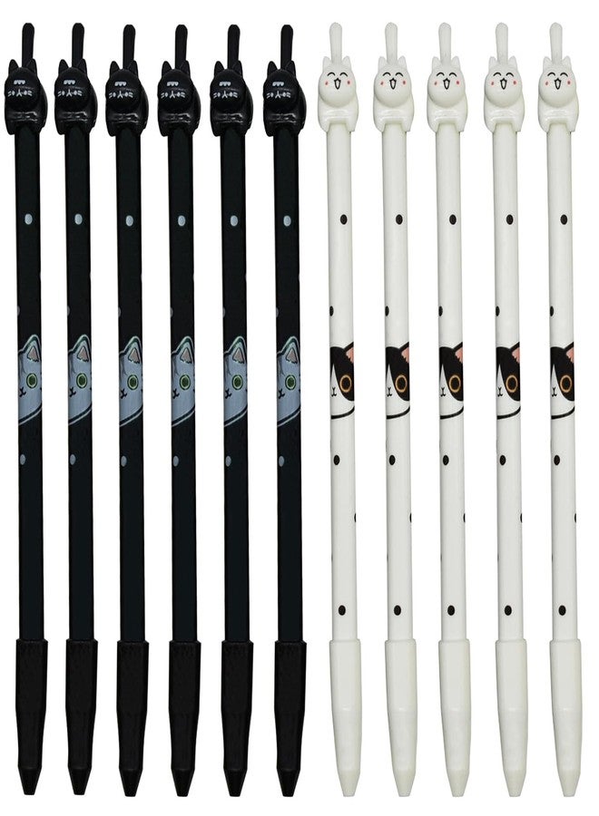 Lopenle 12 Pack Cat Pens - Cute Black & White Pen kitten Gel Pen Fun Animal Novelty Writing Pens with Black Ink for School, Office, Gifts (6 Black Cats + 6 White Cats) - Image 1