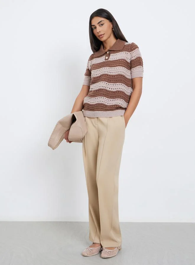 Styli Brown Striped Hollow Knit Polo T-Shirt