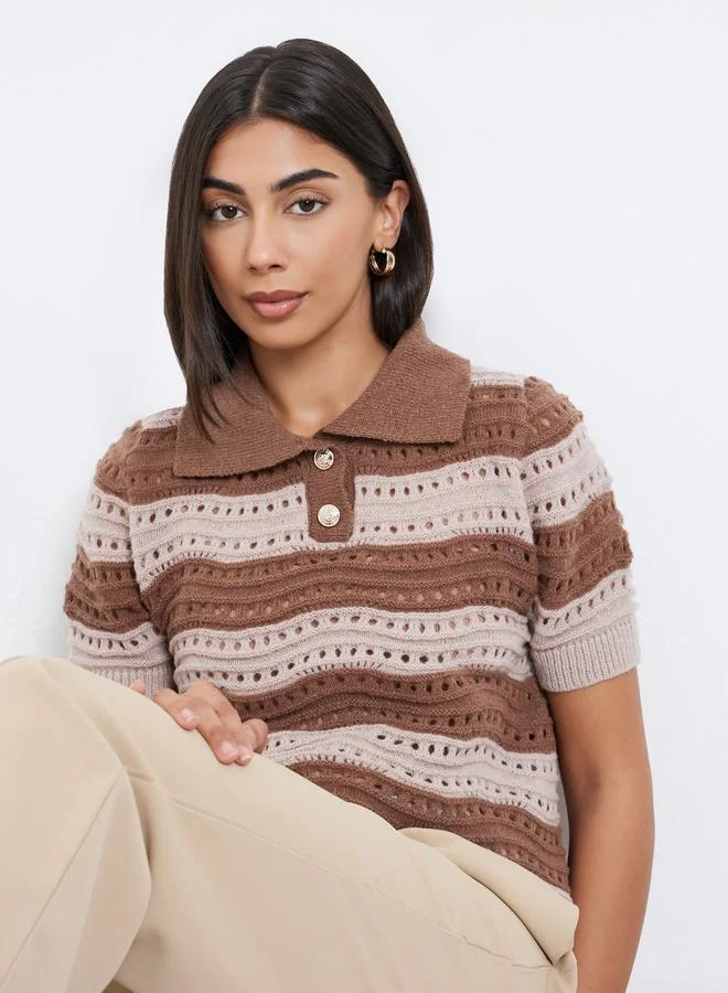 Styli Brown Striped Hollow Knit Polo T-Shirt