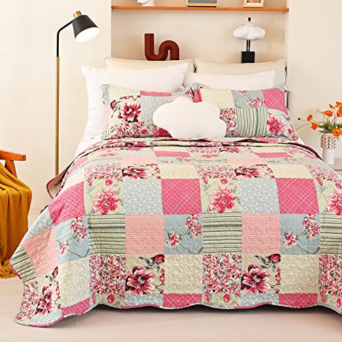Cmfshape Summer Floral Queen Quilted Bedspread,Romantic Pink Quilt Set,Reversible Stitched Bedding Set All Season,Soft Lightweight Coverlet with Pillow Cases (Pink&Grey, Queen90 x90) - Image 2