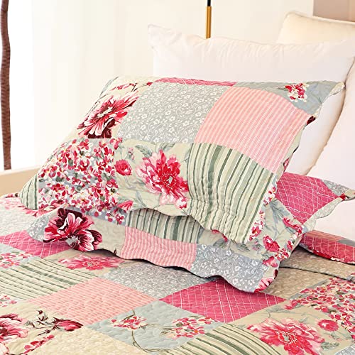 Cmfshape Summer Floral Queen Quilted Bedspread,Romantic Pink Quilt Set,Reversible Stitched Bedding Set All Season,Soft Lightweight Coverlet with Pillow Cases (Pink&Grey, Queen90 x90) - Image 5
