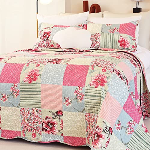 Cmfshape Summer Floral Queen Quilted Bedspread,Romantic Pink Quilt Set,Reversible Stitched Bedding Set All Season,Soft Lightweight Coverlet with Pillow Cases (Pink&Grey, Queen90 x90) - Image 1