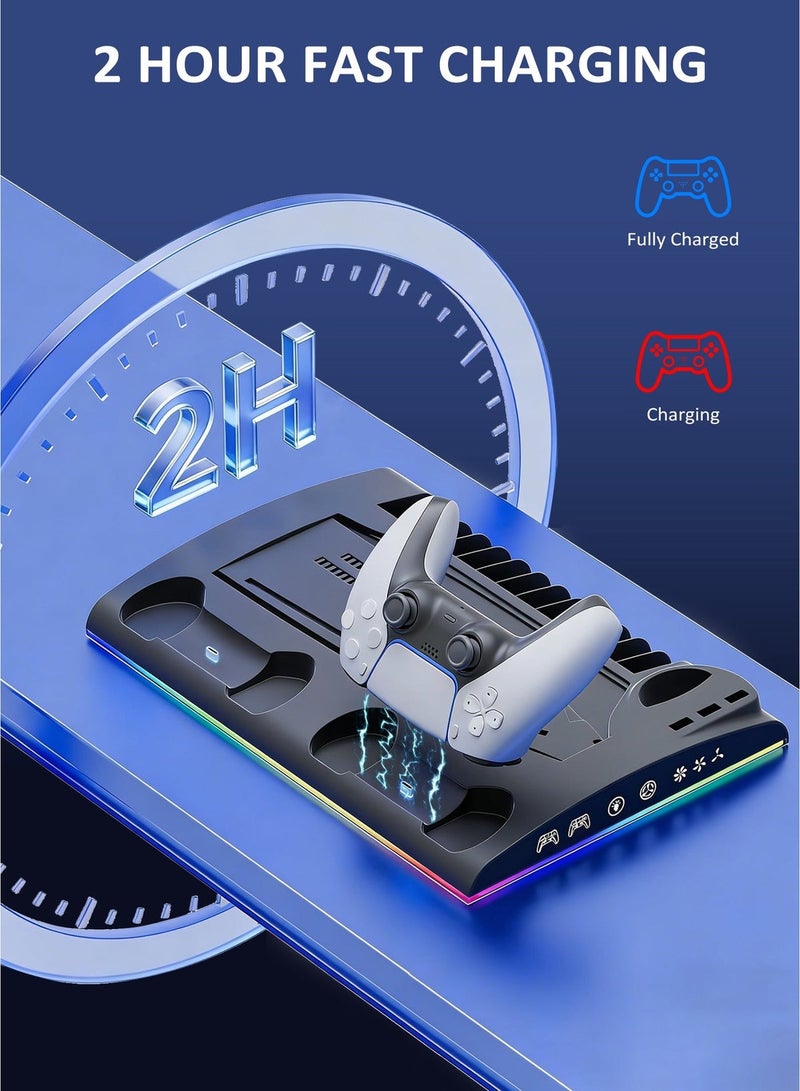 دوبي حامل تبريد عمودي لـ PS5/PS5 Pro/Slim بنسختي القرص والرقمية، شحن مزدوج لوحدات التحكم، إضاءة RGB، 13 فتحة للألعاب، فتحة لجهاز التحكم عن بعد – إكسسوارات PS5 (أسود) - Image 3