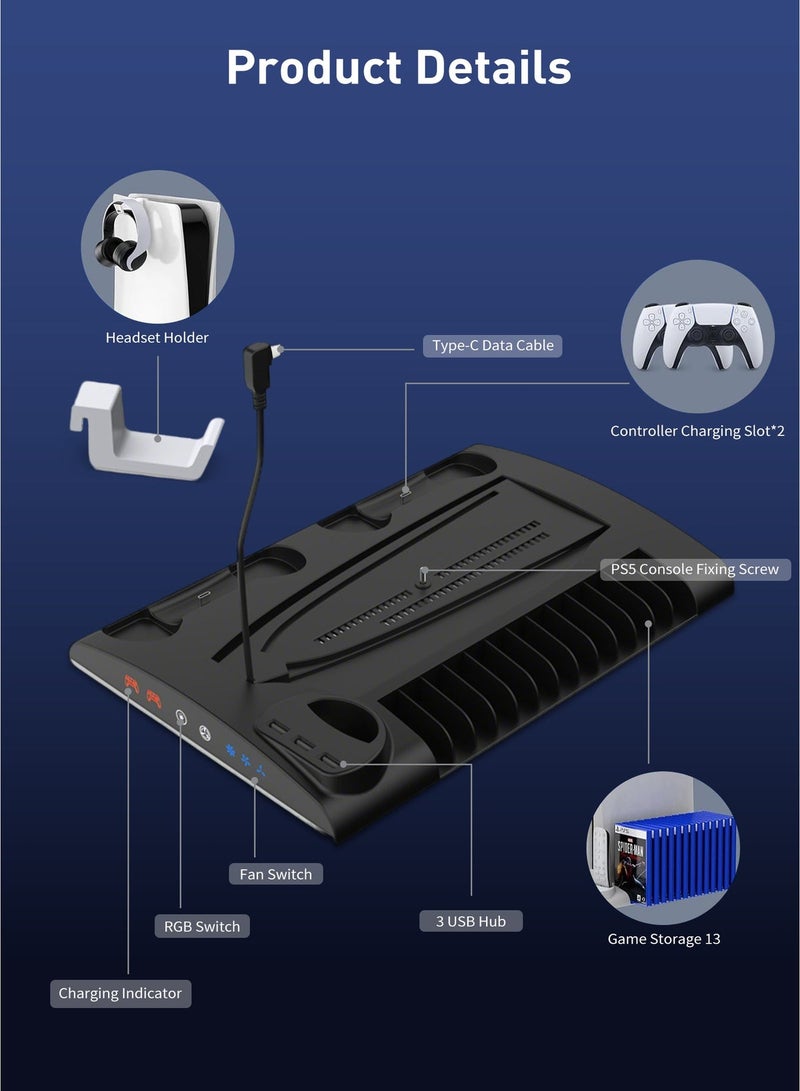 دوبي حامل تبريد عمودي لـ PS5/PS5 Pro/Slim بنسختي القرص والرقمية، شحن مزدوج لوحدات التحكم، إضاءة RGB، 13 فتحة للألعاب، فتحة لجهاز التحكم عن بعد – إكسسوارات PS5 (أسود) - Image 5