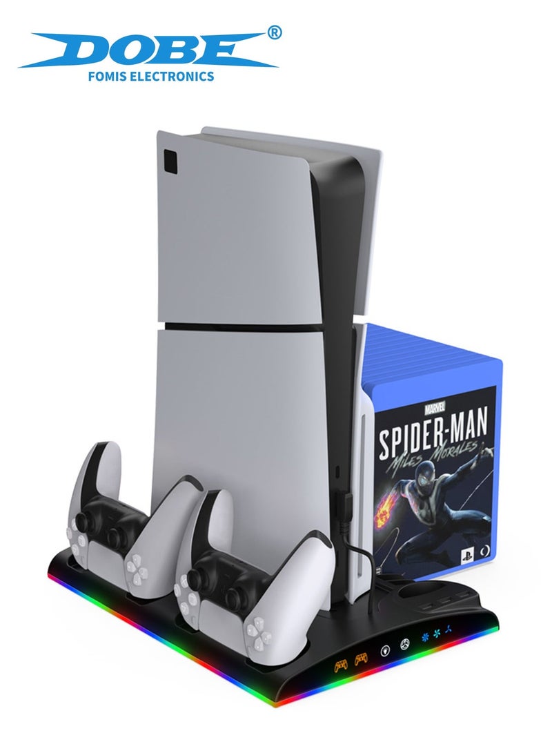 دوبي حامل تبريد عمودي لـ PS5/PS5 Pro/Slim بنسختي القرص والرقمية، شحن مزدوج لوحدات التحكم، إضاءة RGB، 13 فتحة للألعاب، فتحة لجهاز التحكم عن بعد – إكسسوارات PS5 (أسود) - Image 1