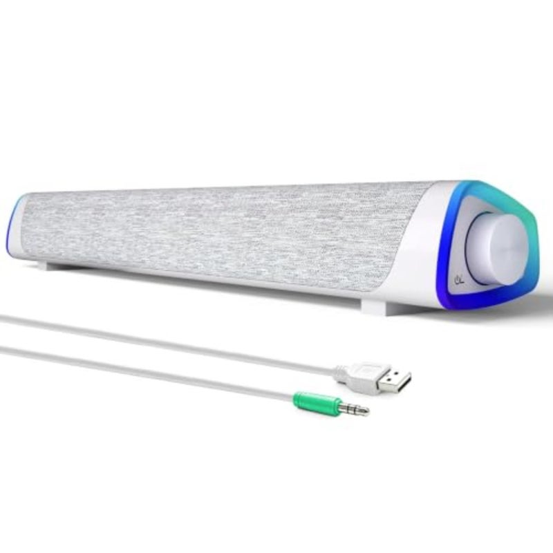 سماعات كمبيوتر R30، سماعات كمبيوتر صغيرة تعمل بالطاقة، بلاستيك أسود مع مصابيح LED RGB، شريط صوت محمول للصوت المحيطي لسطح المكتب والكمبيوتر المحمول - Image 1
