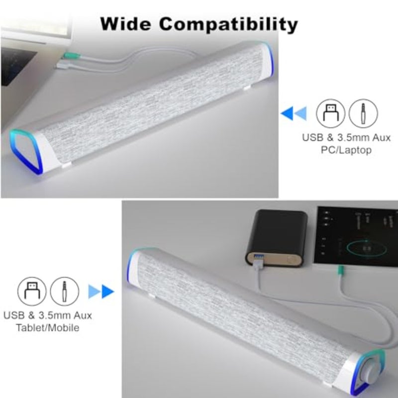 سماعات كمبيوتر R30، سماعات كمبيوتر صغيرة تعمل بالطاقة، بلاستيك أسود مع مصابيح LED RGB، شريط صوت محمول للصوت المحيطي لسطح المكتب والكمبيوتر المحمول - Image 4