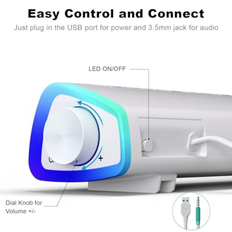 سماعات كمبيوتر R30، سماعات كمبيوتر صغيرة تعمل بالطاقة، بلاستيك أسود مع مصابيح LED RGB، شريط صوت محمول للصوت المحيطي لسطح المكتب والكمبيوتر المحمول - Image 3