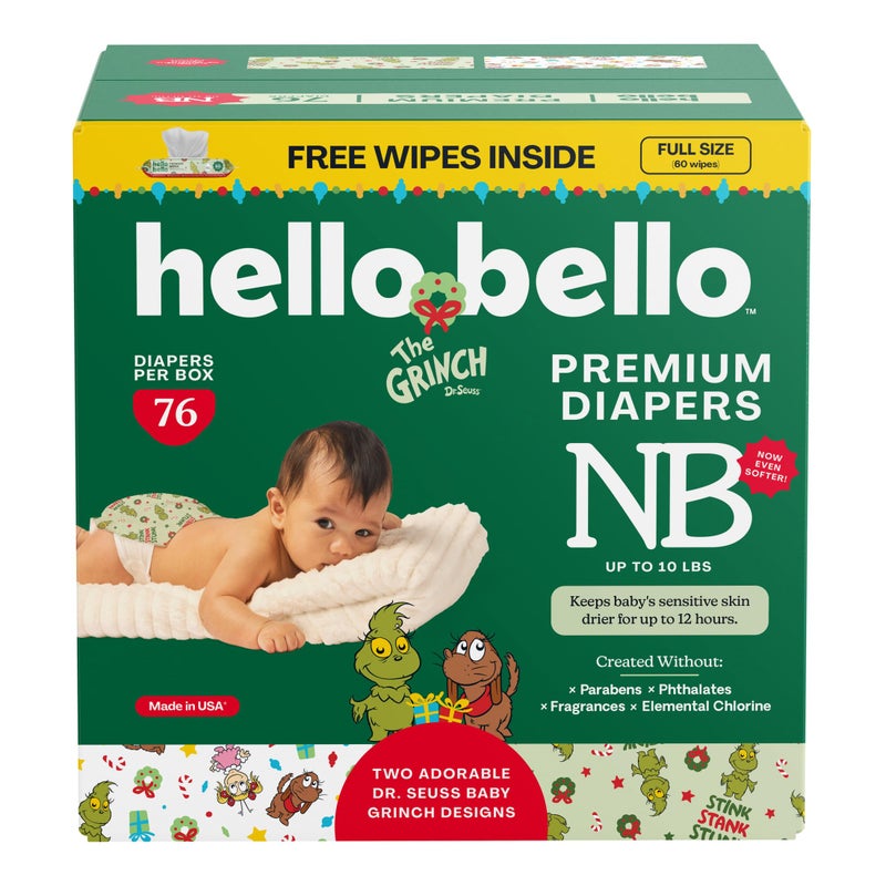 Hello Bello Dr. Seuss Baby Grinch Premium Diapers, Size NB (Up to 10 lbs), 76ct Plus Bonus Baby Wipes: Softness & Protection for Sensitive Skin - Image 1