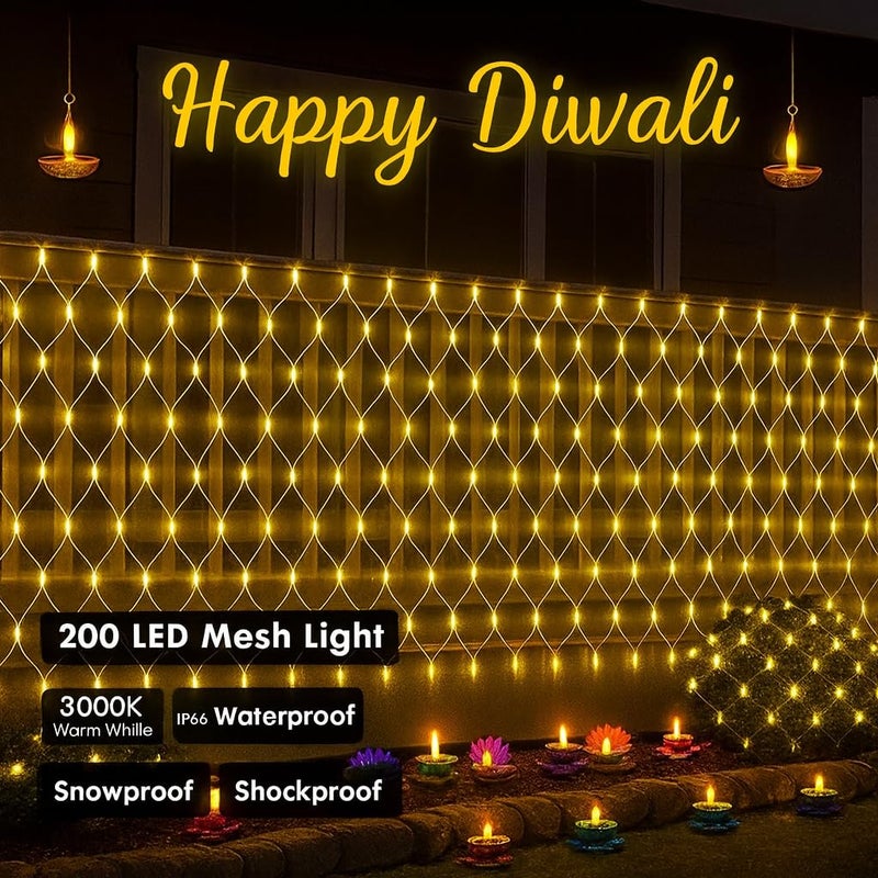 Gesto أضواء شبكة مصنوعة من الشبك - 200 LED دافئة بيضاء مقاومة للماء مع جهاز تحكم عن بعد و 8 أوضاع | أضواء ستارة شبكية للشرفة والحديقة والفناء والداخل والخارج، زينة ديوالي وعيد الميلاد (6 × 6 قدم) - Image 2
