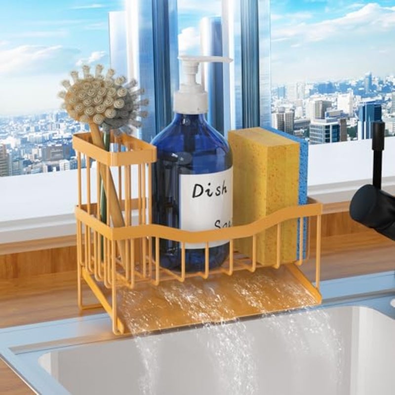 Sink Caddy Sponge Holder for Kitchen with Brush Holder and Stainless Steel Self Drain Tray, Rustproof Kitchen Sink Organizer for Sponge, Soap Dispenser Storage Accessories