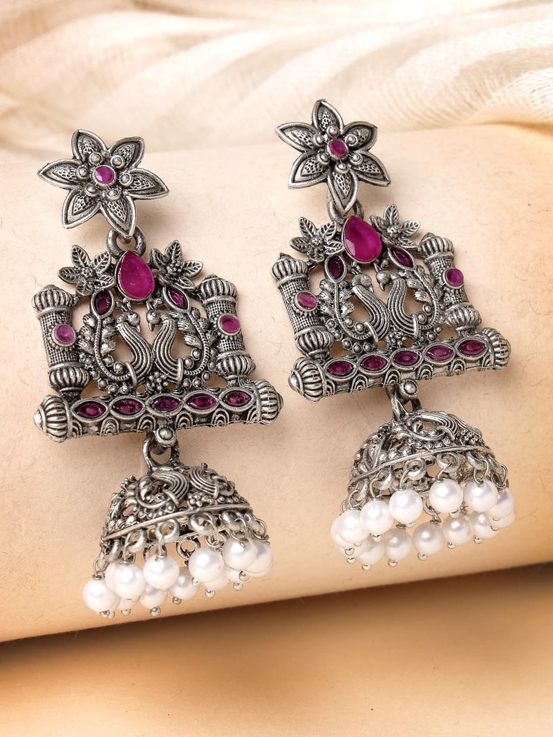 ADIVA Silver-Plated Green Stone Studded Studded & Pearl Oxidised Drop Earrings Set for women, Traditional Stylish Jhumka for Girls Party, Wedding, Festive - Image 4