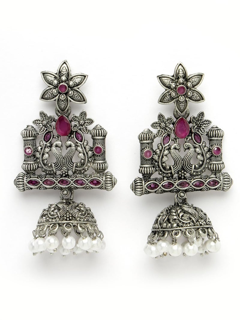 ADIVA Silver-Plated Green Stone Studded Studded & Pearl Oxidised Drop Earrings Set for women, Traditional Stylish Jhumka for Girls Party, Wedding, Festive - Image 5