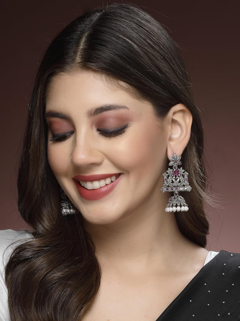 ADIVA Silver-Plated Green Stone Studded Studded & Pearl Oxidised Drop Earrings Set for women, Traditional Stylish Jhumka for Girls Party, Wedding, Festive - Image 3