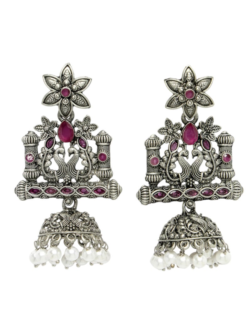 ADIVA Silver-Plated Green Stone Studded Studded & Pearl Oxidised Drop Earrings Set for women, Traditional Stylish Jhumka for Girls Party, Wedding, Festive - Image 1
