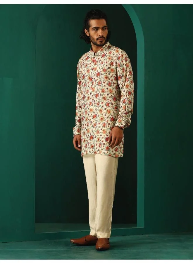 trueBrowns Men's Off White Floral Bunch Muslin Silk Printed Co-ord Set