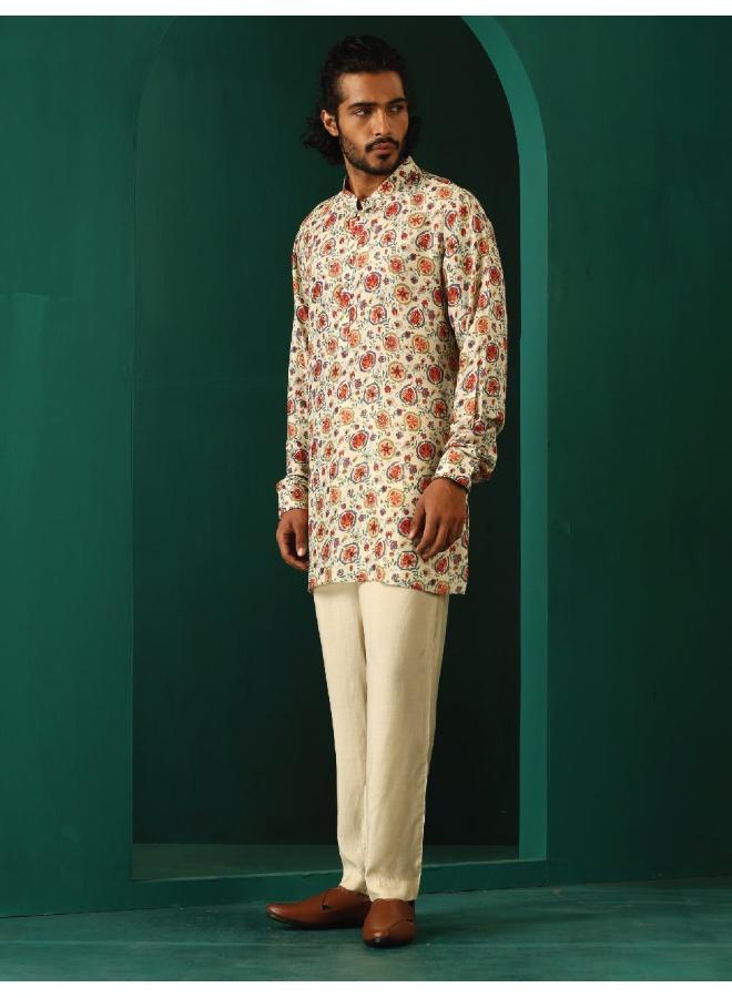 ترو برونز Men's Off White Floral Bunch Muslin Silk Printed Co-ord Set  - Image 2