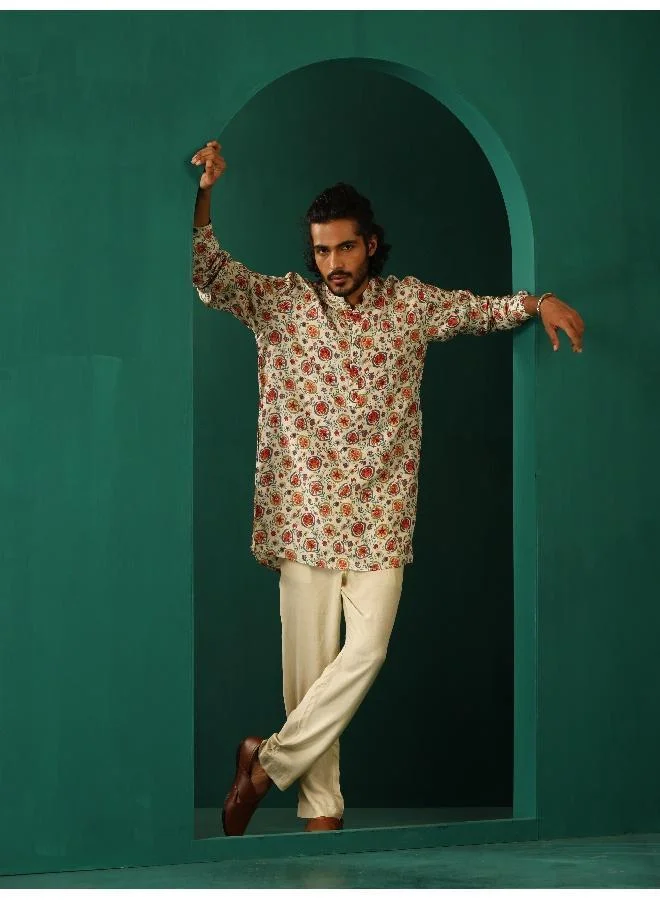 ترو برونز Men's Off White Floral Bunch Muslin Silk Printed Co-ord Set