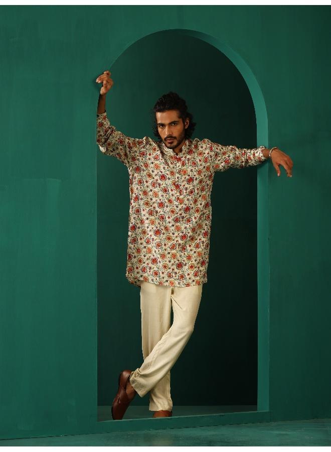 ترو برونز Men's Off White Floral Bunch Muslin Silk Printed Co-ord Set  - Image 3