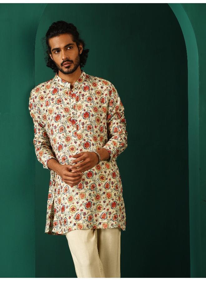 ترو برونز Men's Off White Floral Bunch Muslin Silk Printed Co-ord Set  - Image 5