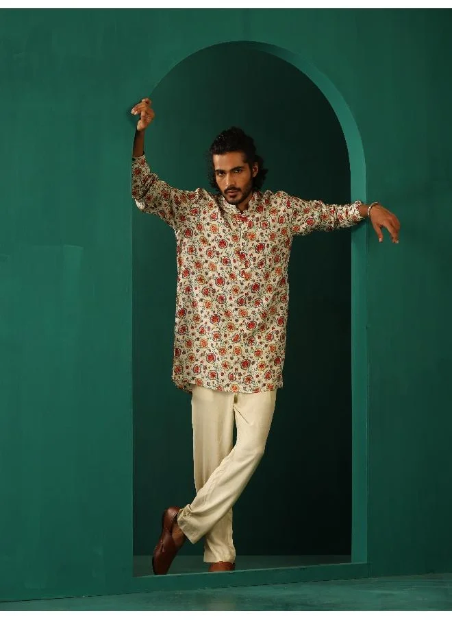 trueBrowns Men's Off White Floral Bunch Muslin Silk Printed Co-ord Set