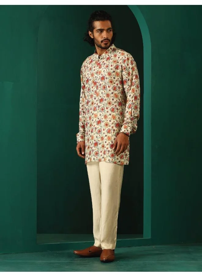 ترو برونز Men's Off White Floral Bunch Muslin Silk Printed Co-ord Set