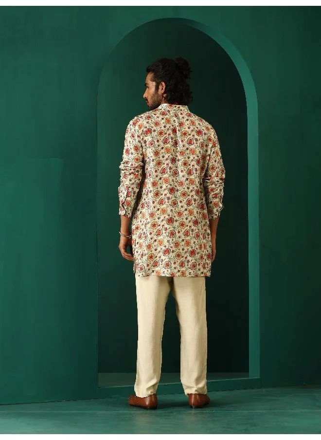 trueBrowns Men's Off White Floral Bunch Muslin Silk Printed Co-ord Set