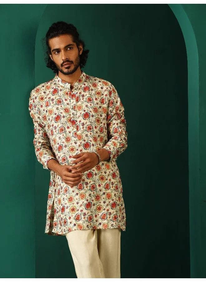trueBrowns Men's Off White Floral Bunch Muslin Silk Printed Co-ord Set