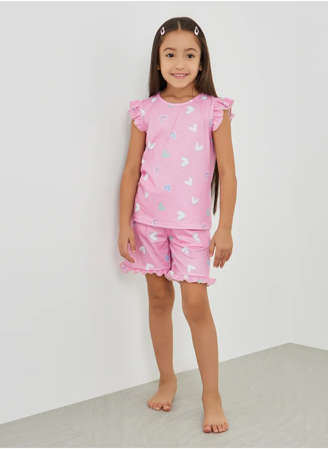 Styli Styli All-Over Print Ruffled Sleeve T-Shirt and Shorts Pyjama Set