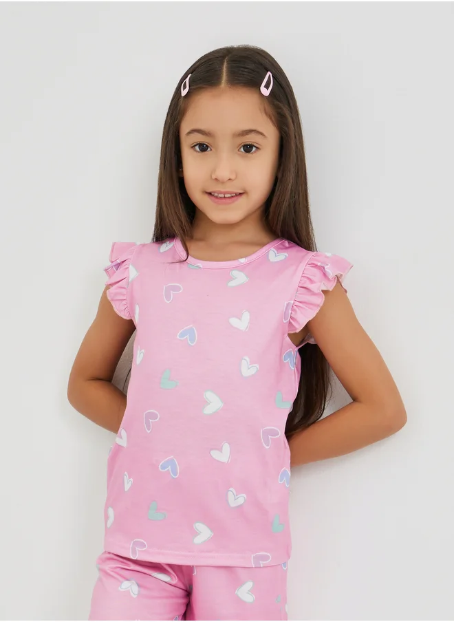 Styli Styli All-Over Print Ruffled Sleeve T-Shirt and Shorts Pyjama Set