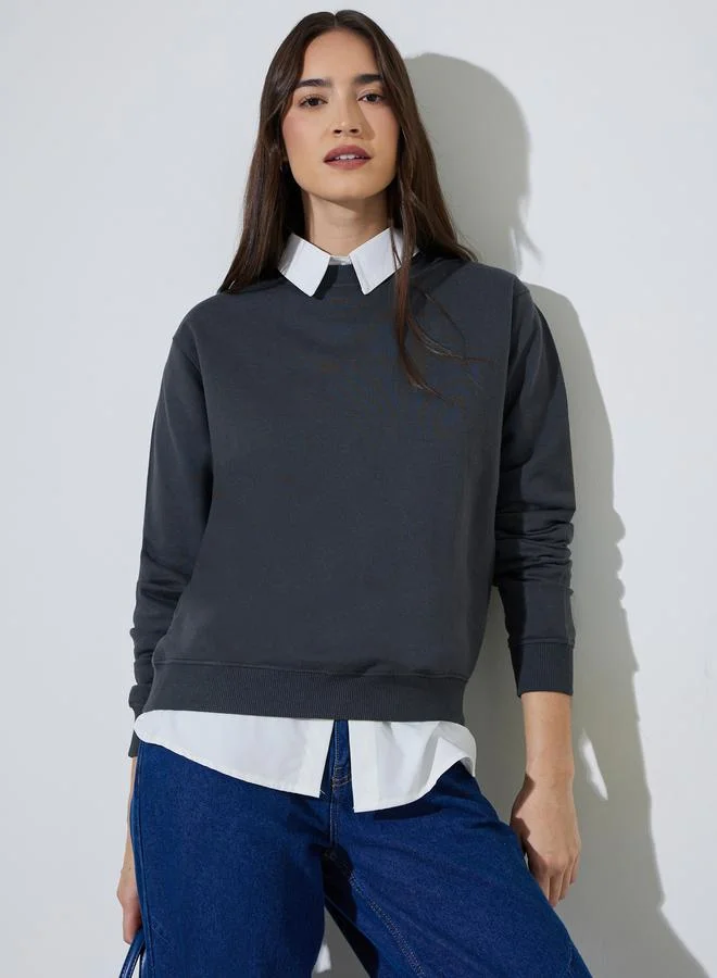 Styli Charcoal Solid Long Sleeves Regular Fit Sweatshirt