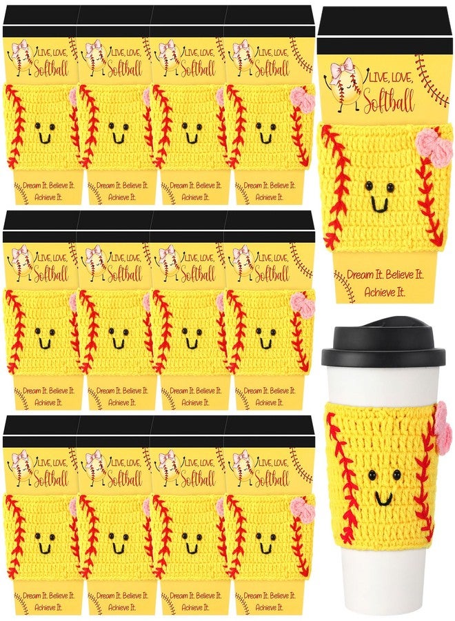 Ferrochef 12 Sets Softball Party Favor Card Holders with Softball Crochet Coffee Cozy Sleeve Pink Bow Sport Coffee Cup Gift Card Sleeves for Senior Night Gifts Graduation Sport Birthday Party Teacher Friend - Image 1