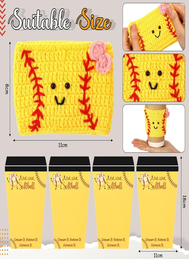 Ferrochef 12 Sets Softball Party Favor Card Holders with Softball Crochet Coffee Cozy Sleeve Pink Bow Sport Coffee Cup Gift Card Sleeves for Senior Night Gifts Graduation Sport Birthday Party Teacher Friend - Image 3