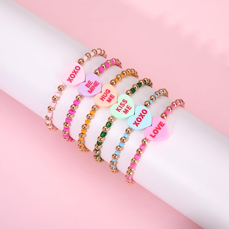 boderier 6Pack Valentines Bracelets for Women Beaded Heart Love XOXO Bracelets Valentines Gifts for Women Candy Heart - Image 2