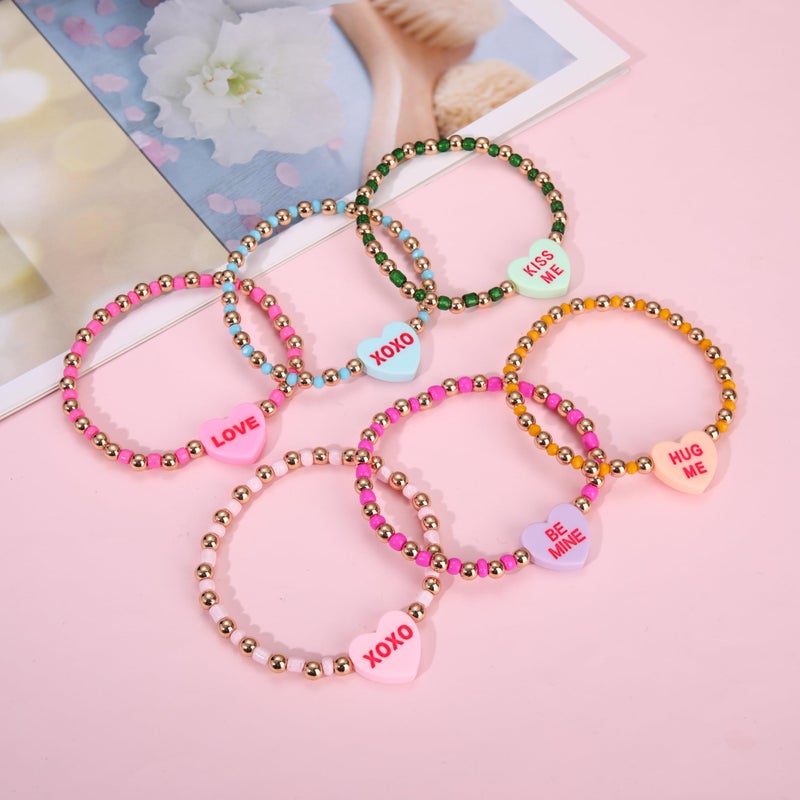 boderier 6Pack Valentines Bracelets for Women Beaded Heart Love XOXO Bracelets Valentines Gifts for Women Candy Heart - Image 3