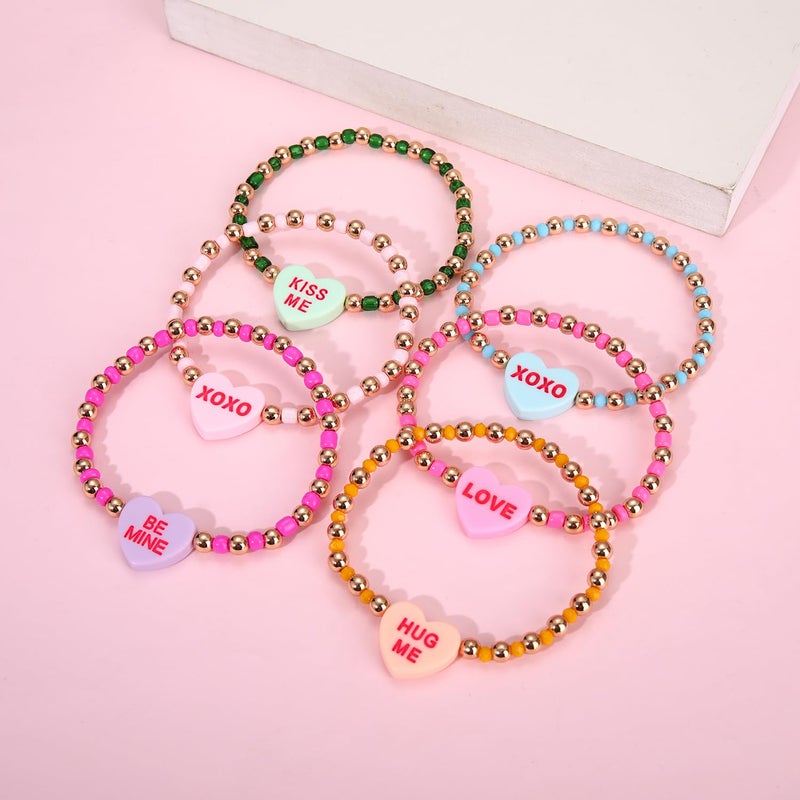 boderier 6Pack Valentines Bracelets for Women Beaded Heart Love XOXO Bracelets Valentines Gifts for Women Candy Heart - Image 4