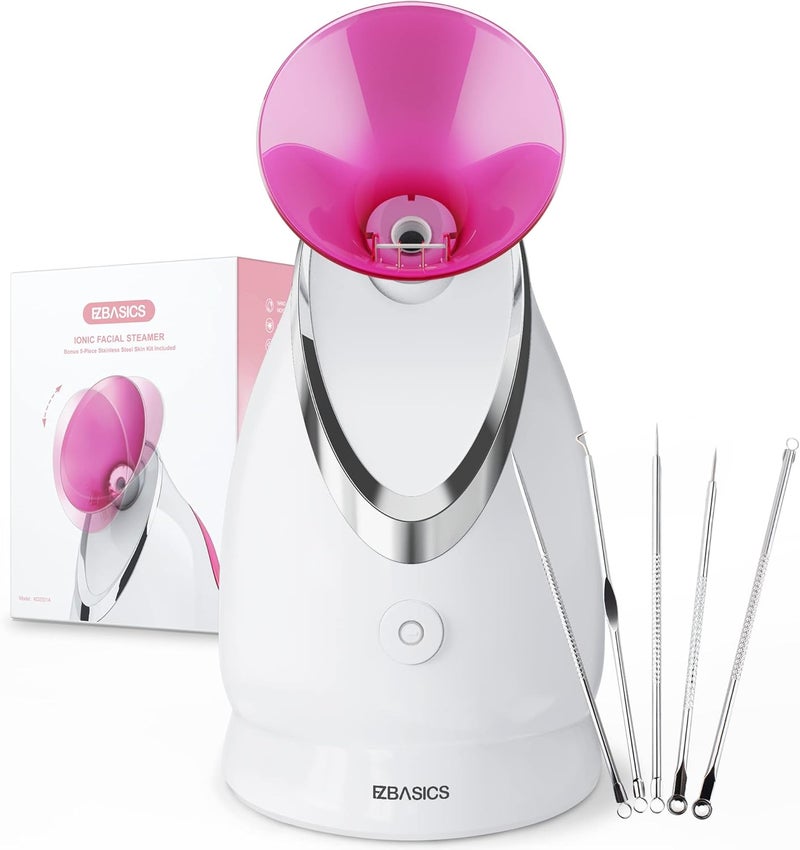 EZBASICS Face Steamer Professional Nano Ionic Facial Steamer for Pores with Warm Mist Humidifier Atomizer and Sauna Inhaler Spa 1Pack 5Pack Stainless Steel Skin Kit Pink