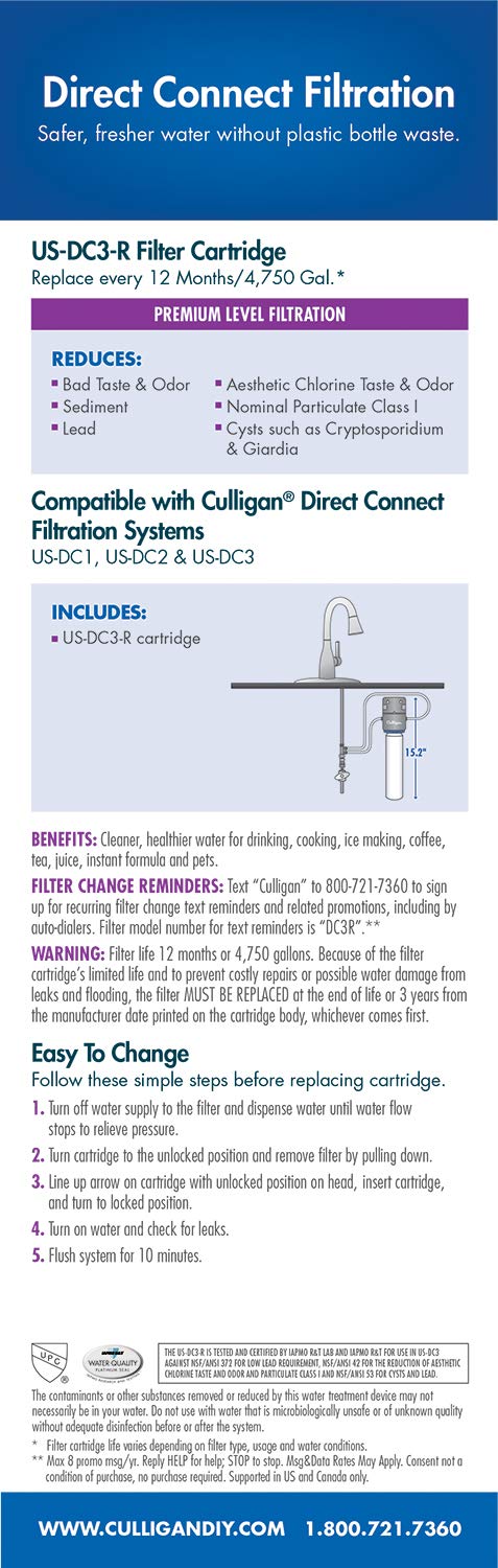 كوليجان خرطوشة بديلة لفلتر المياه Culligan Us-Dc3-R Direct Connect Premium عدد 1 (عبوة من 1) أبيض - Image 3