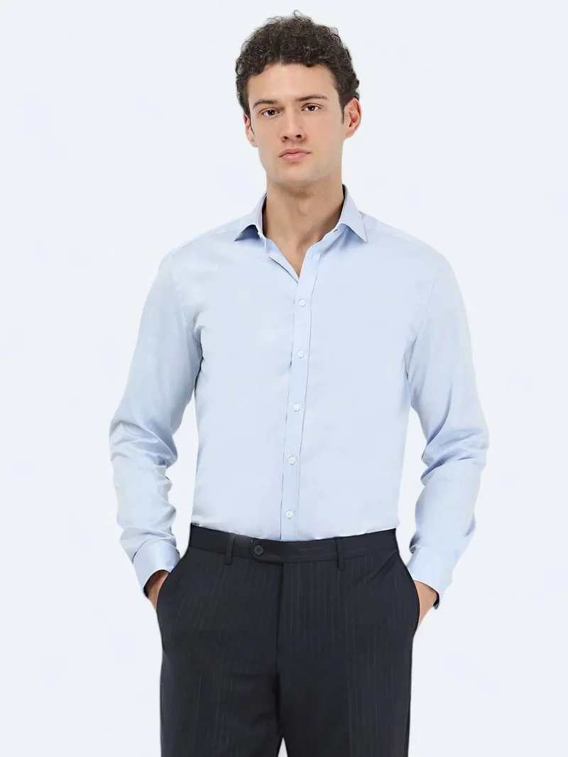 Kip Blue Plain Regular Fit Weaving Classical 100% Cotton Shirt