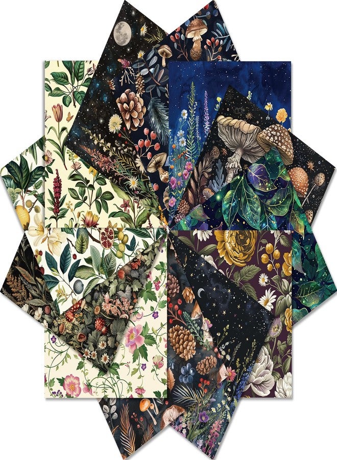 PIGBIT 12 Sheets Fantasy Forest Botanical Scrapbook Paper Set 6" x 6" - Vintage Floral Mushroom Nature Craft Paper for Journaling, Decoupage, Origami, Card Making, DIY Art Projects - Image 1