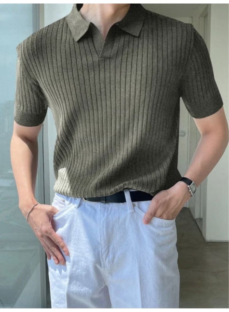 Cool Tarz Cool Style Khaki Men's Ribbed Polo Neck Knit T-Shirt - Image 1