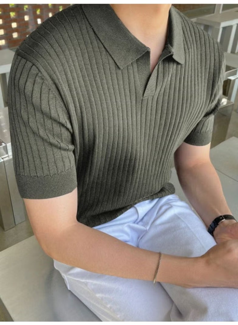 Cool Tarz Cool Style Khaki Men's Ribbed Polo Neck Knit T-Shirt - Image 3