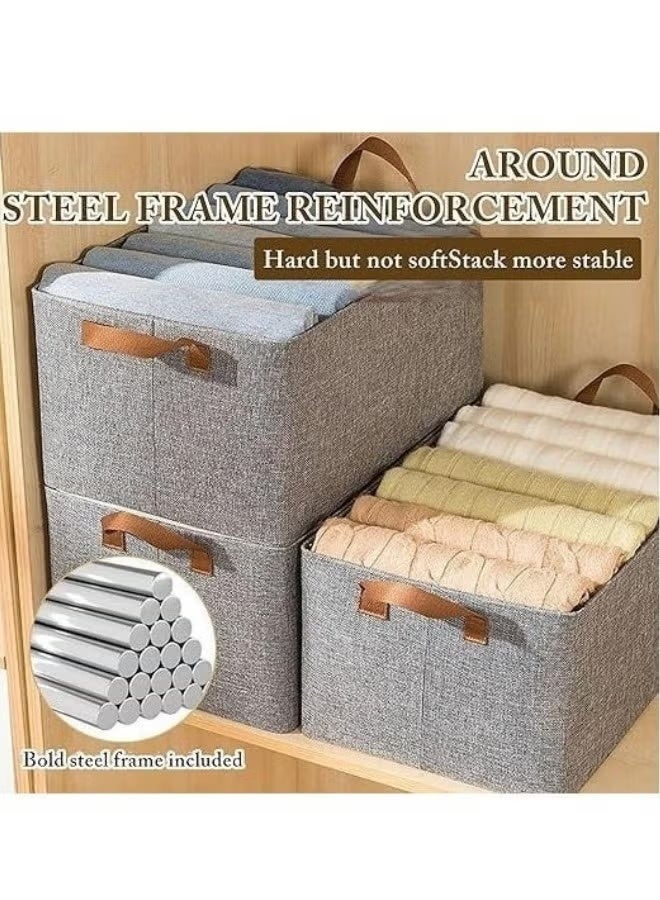 منظم ملابس خزانة بمقبض، صندوق تخزين قماشي مع إطار فولاذي، رف قابل للتكديس، سلال تخزين قابلة للطي - Image 3