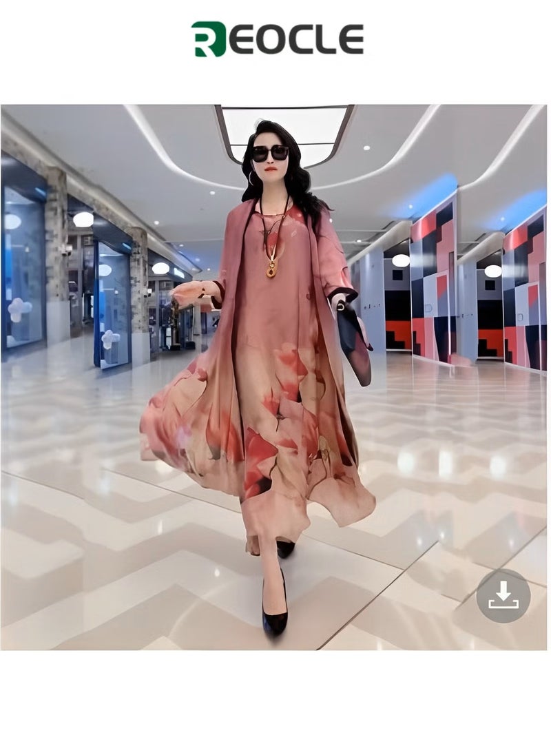 REOCLE Women's Silk Dress 2 Pieces Elegant Outfit Soothing Solid Color Suit with Fashion Print Design & Relaxed Hem & Half Sleeve Design Summer Slim Dress  - Image 1