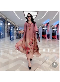 REOCLE Women's Silk Dress 2 Pieces Elegant Outfit Soothing Solid Color Suit with Fashion Print Design & Relaxed Hem & Half Sleeve Design Summer Slim Dress  - Image 2