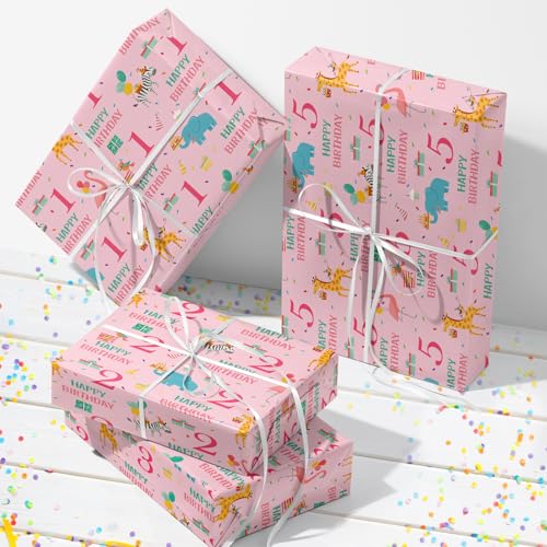 LeZakaa 1st Birthday Wrapping Paper Roll - Pink Happy Birthday with Cute Animal Design for Age1 Baby Girl, Party, Baby Shower - Mini Roll - 17 inches x 16.4 Feet (23.2 sq.ft.) - Image 4
