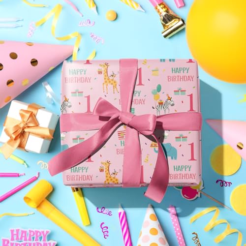 LeZakaa 1st Birthday Wrapping Paper Roll - Pink Happy Birthday with Cute Animal Design for Age1 Baby Girl, Party, Baby Shower - Mini Roll - 17 inches x 16.4 Feet (23.2 sq.ft.) - Image 5