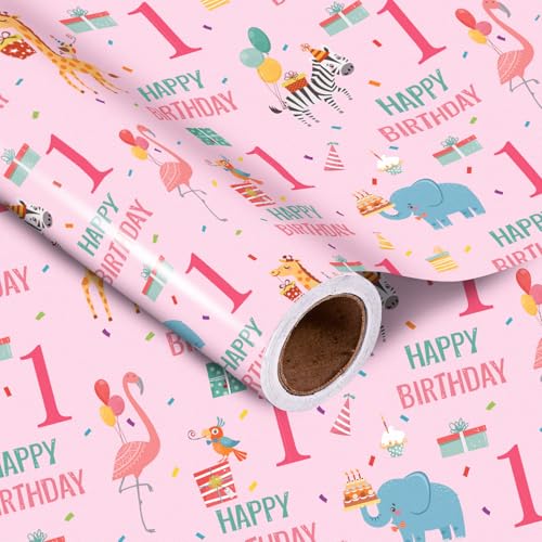 LeZakaa 1st Birthday Wrapping Paper Roll - Pink Happy Birthday with Cute Animal Design for Age1 Baby Girl, Party, Baby Shower - Mini Roll - 17 inches x 16.4 Feet (23.2 sq.ft.) - Image 1